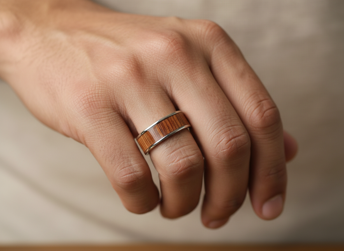 Pierścionek stal chirurgiczna – fornir teak