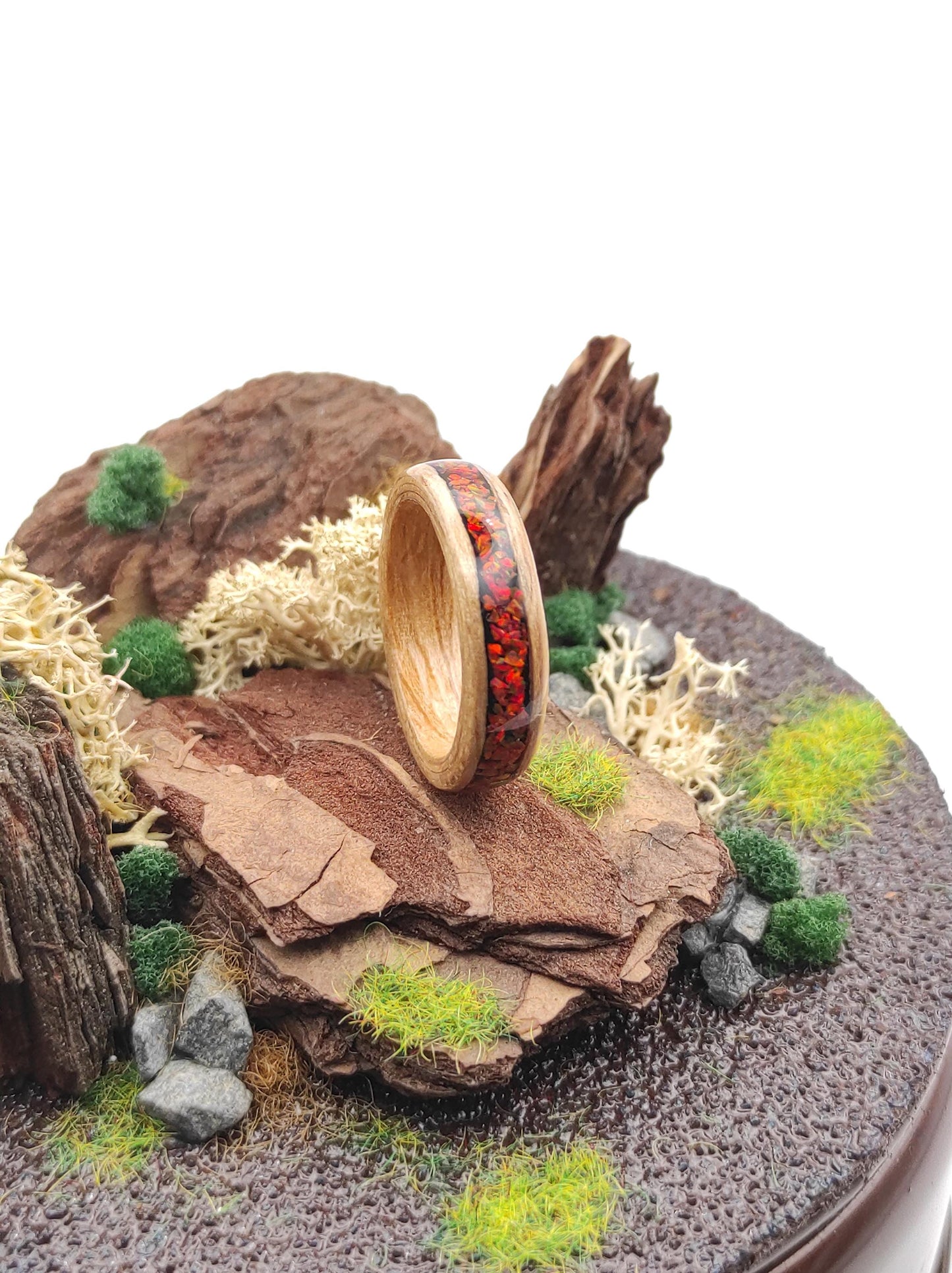 Oak & Red Opal Ring - WoodRingsByJet
