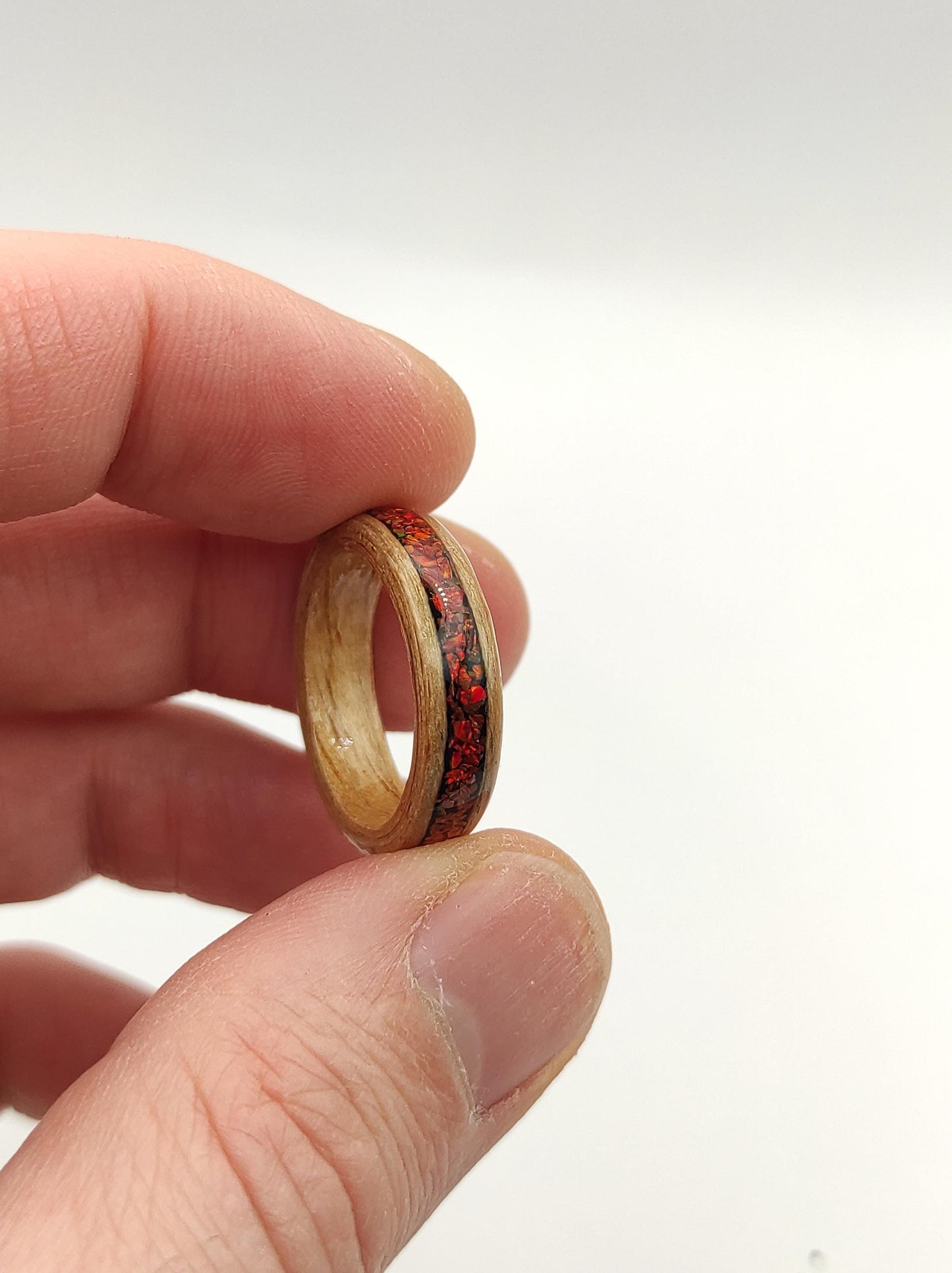 Oak & Red Opal Ring - WoodRingsByJet