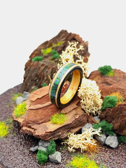 Bentwood Ash Ring & Dark Green Crushed Opal - WoodRingsByJet