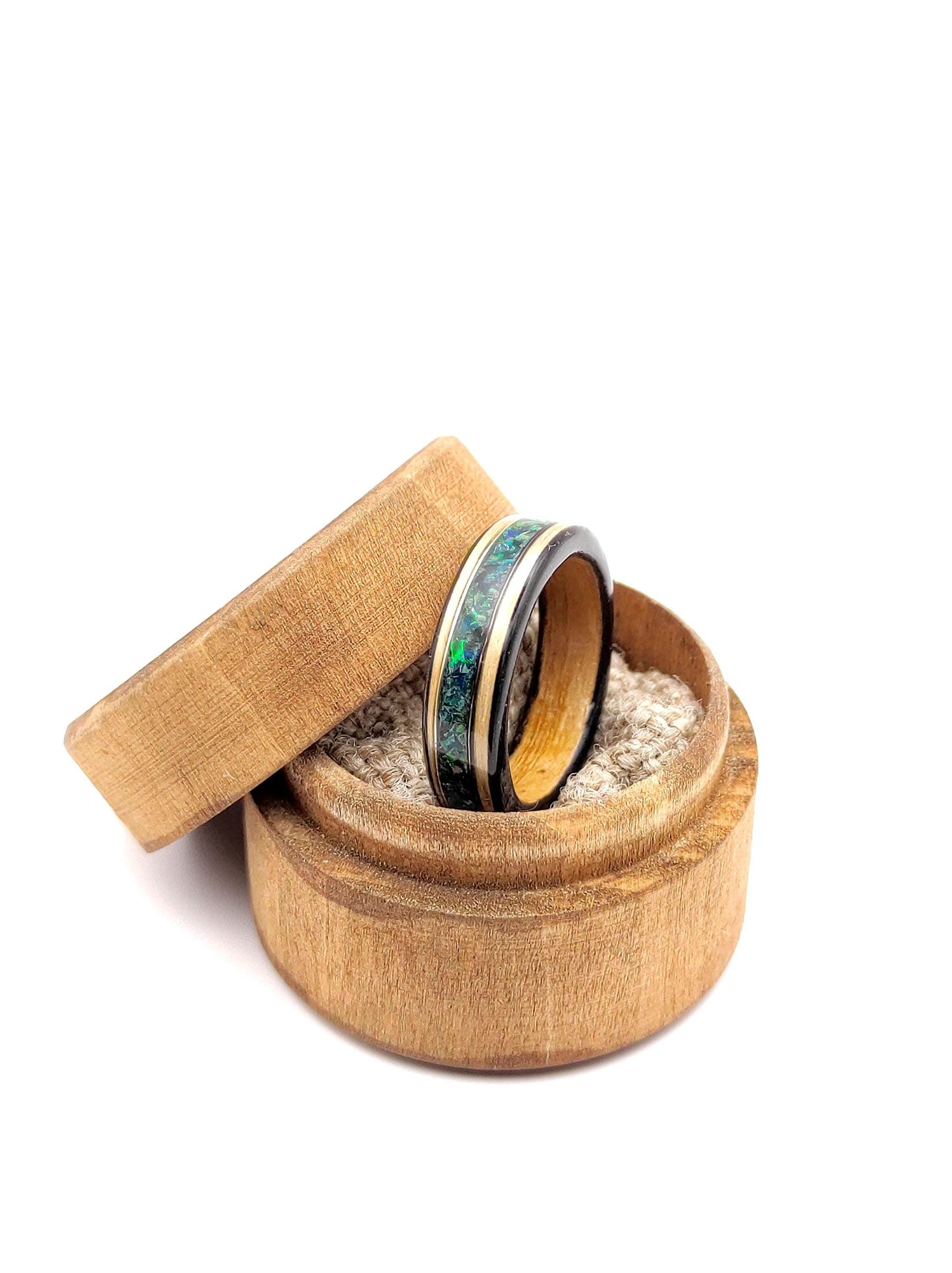 Bentwood Ash Ring & Dark Green Crushed Opal - WoodRingsByJet