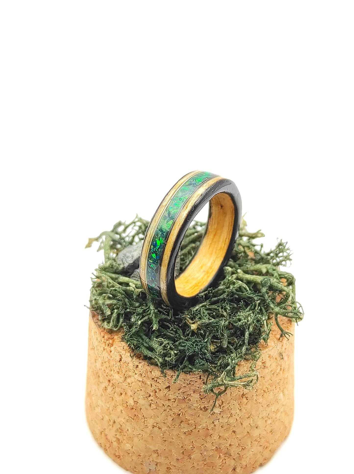 Bentwood Ash Ring & Dark Green Crushed Opal - WoodRingsByJet