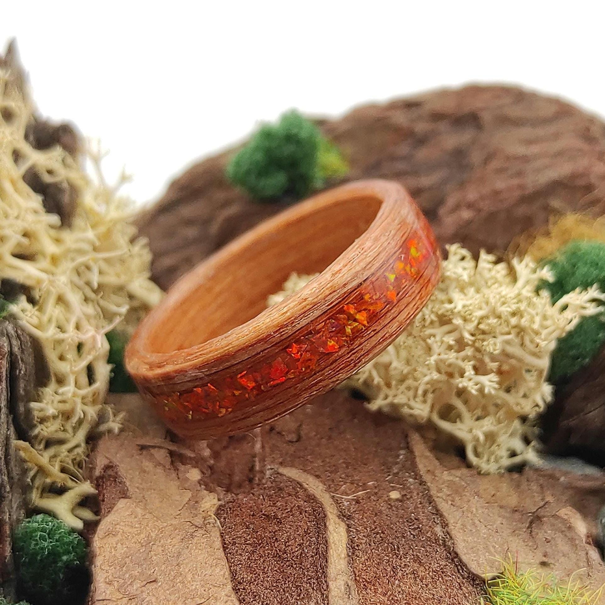 Redwood & Red Fire Opal Ring - WoodRingsByJet