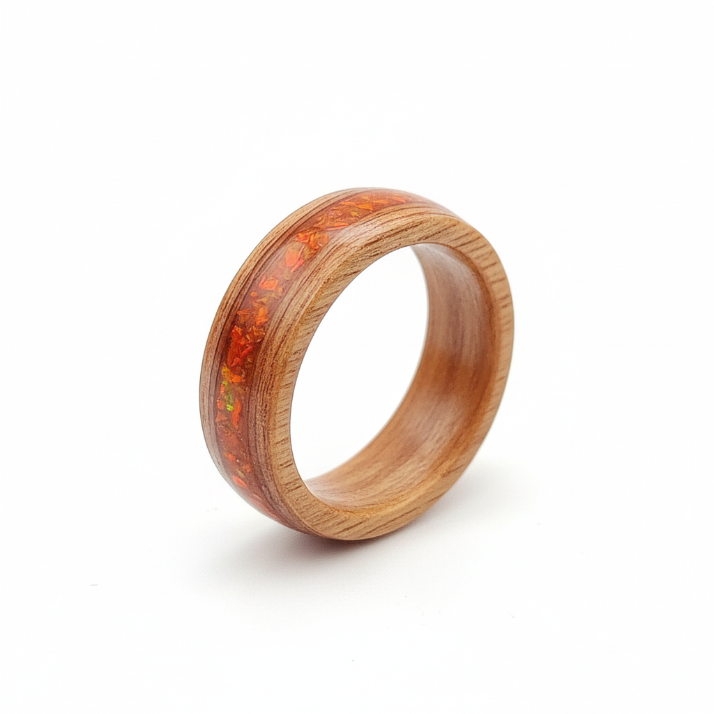Pierścionek drewniany teak – czerwony opal