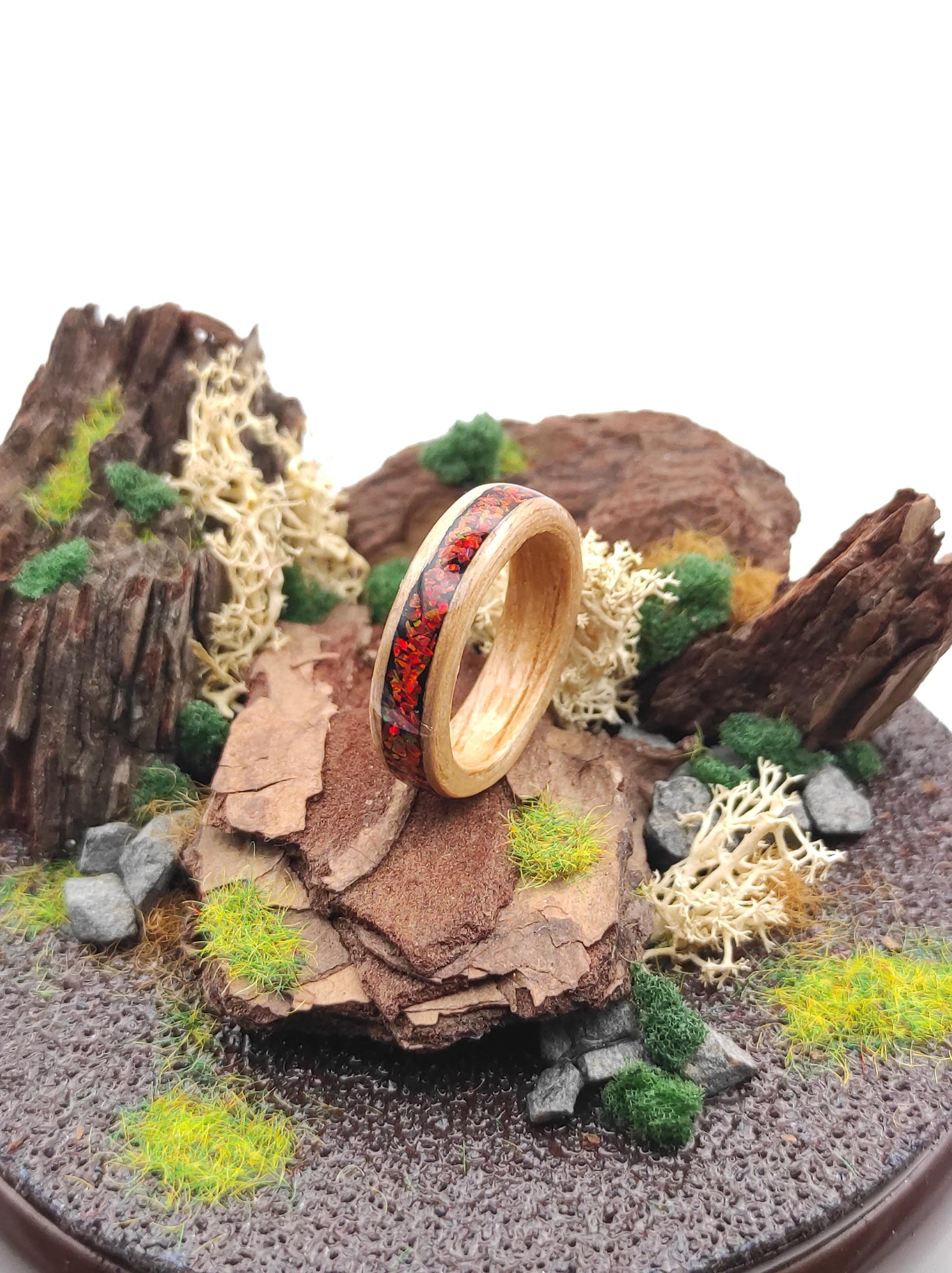 Oak & Red Opal Ring - WoodRingsByJet