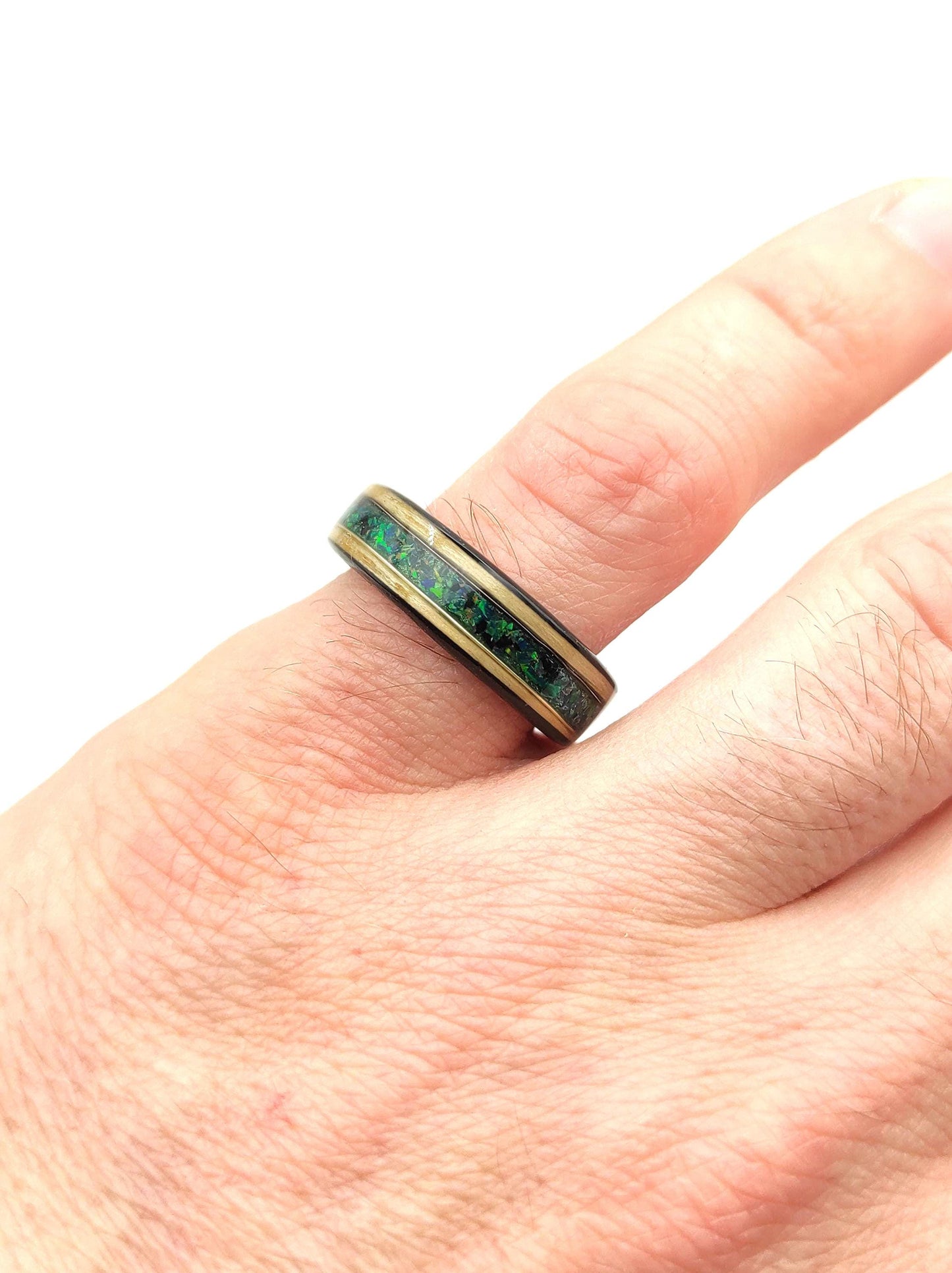 Bentwood Ash Ring & Dark Green Crushed Opal - WoodRingsByJet