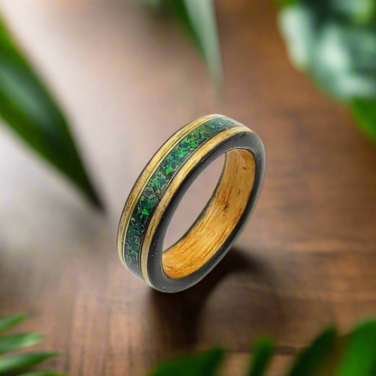 Bentwood Ash Ring & Dark Green Crushed Opal - WoodRingsByJet