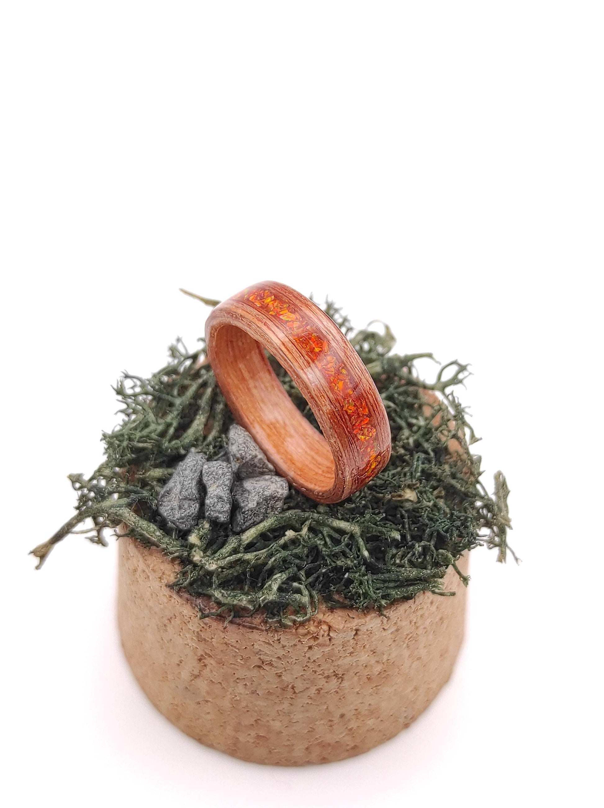 Redwood & Red Fire Opal Ring - WoodRingsByJet