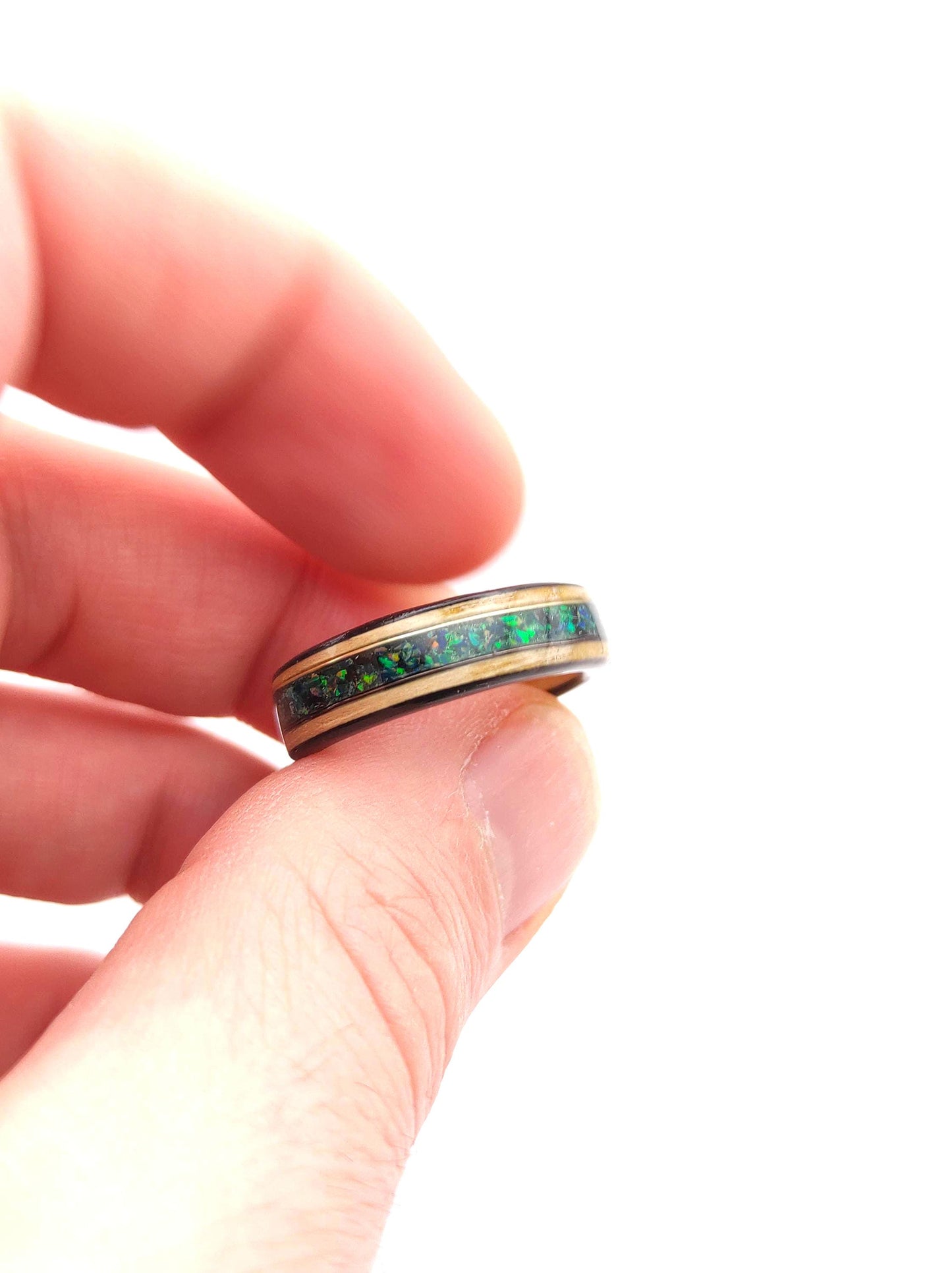 Bentwood Ash Ring & Dark Green Crushed Opal - WoodRingsByJet