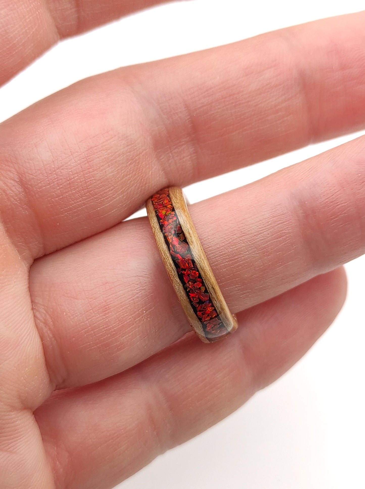 Oak & Red Opal Ring - WoodRingsByJet