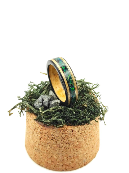 Bentwood Ash Ring & Dark Green Crushed Opal - WoodRingsByJet