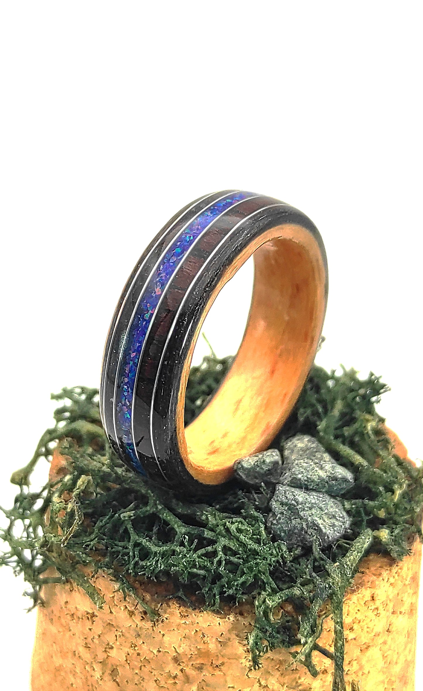 Handmade Triple Veneer Wood Ring with Purple Rosewood & Blue Opal Inlay – Oak, Beech, Black Oak, Silver Accents - WoodRingsByJet