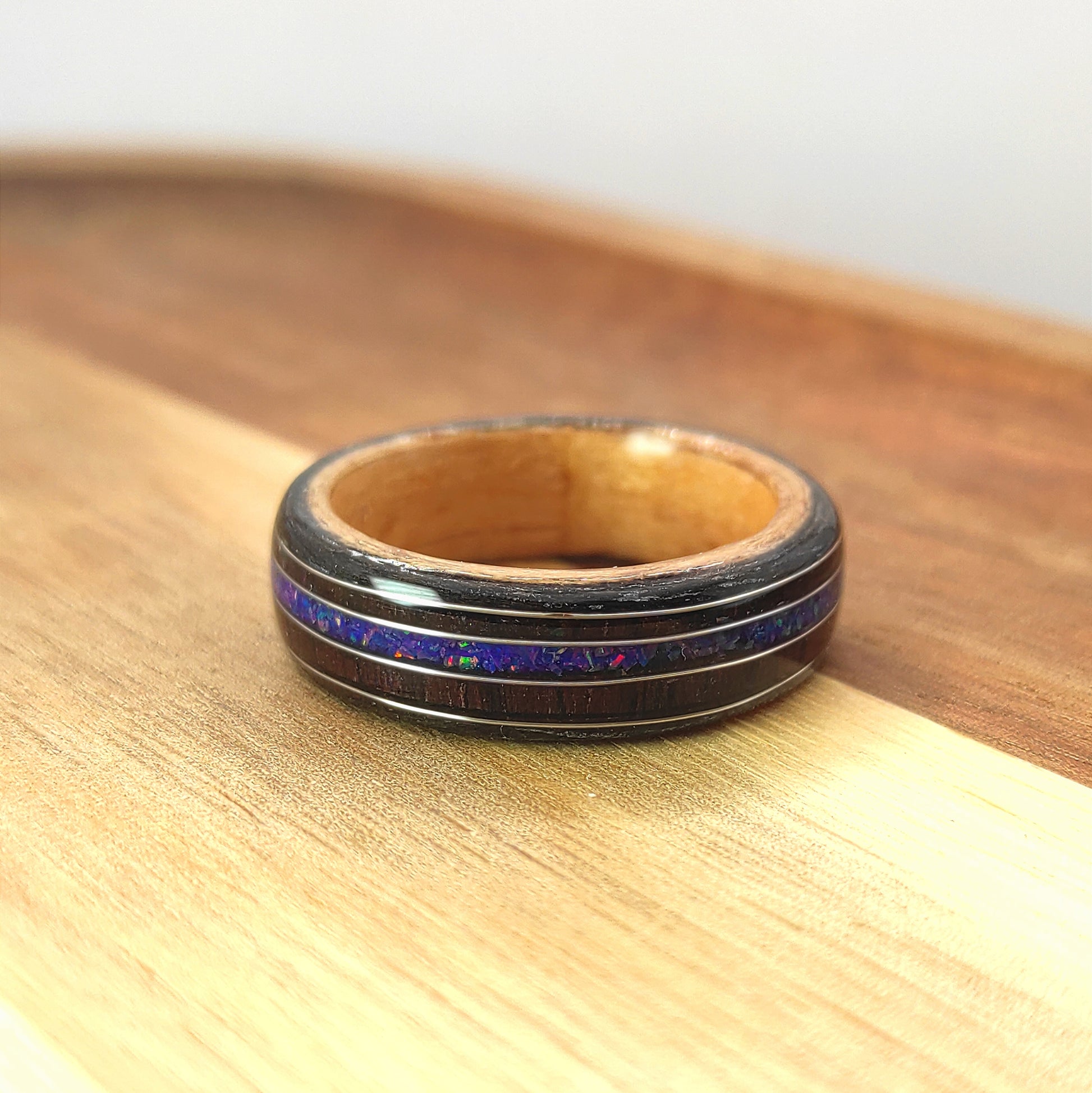 Handmade Triple Veneer Wood Ring with Purple Rosewood & Blue Opal Inlay – Oak, Beech, Black Oak, Silver Accents - WoodRingsByJet