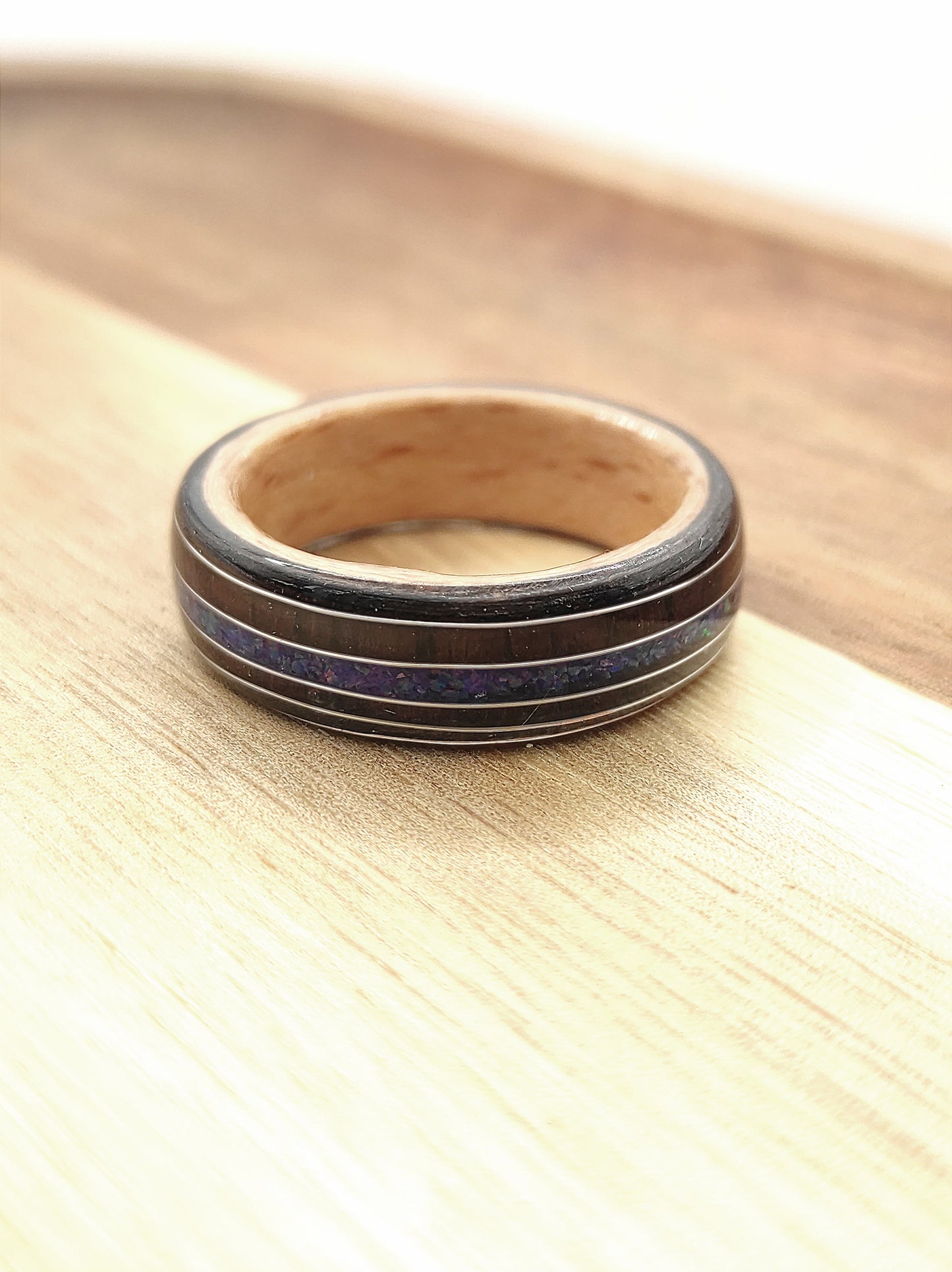 Handmade Triple Veneer Wood Ring with Purple Rosewood & Blue Opal Inlay – Oak, Beech, Black Oak, Silver Accents - WoodRingsByJet
