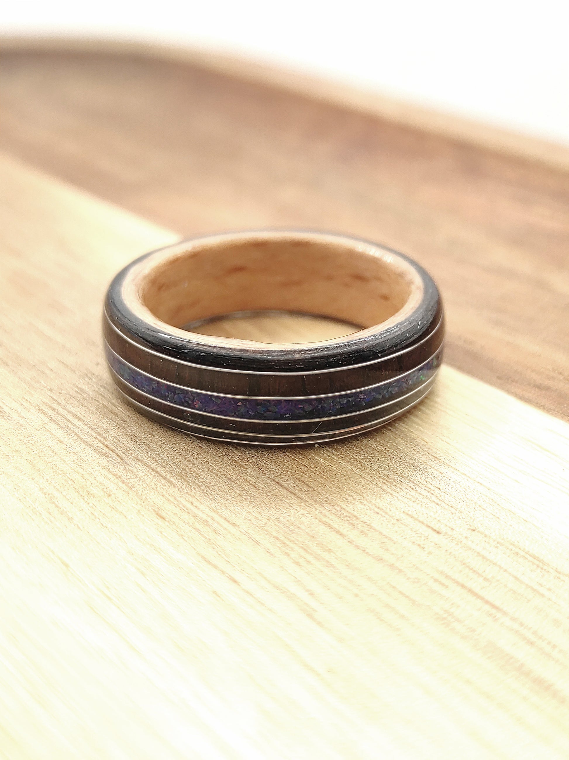 Handmade Triple Veneer Wood Ring with Purple Rosewood & Blue Opal Inlay – Oak, Beech, Black Oak, Silver Accents - WoodRingsByJet