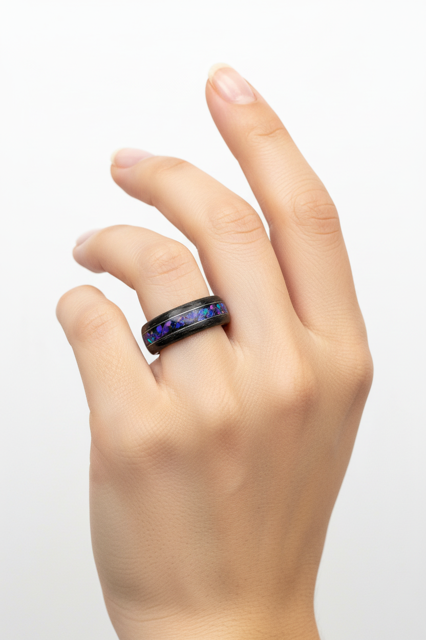 Pierścionek drewniany czarny dąb – opal midnight